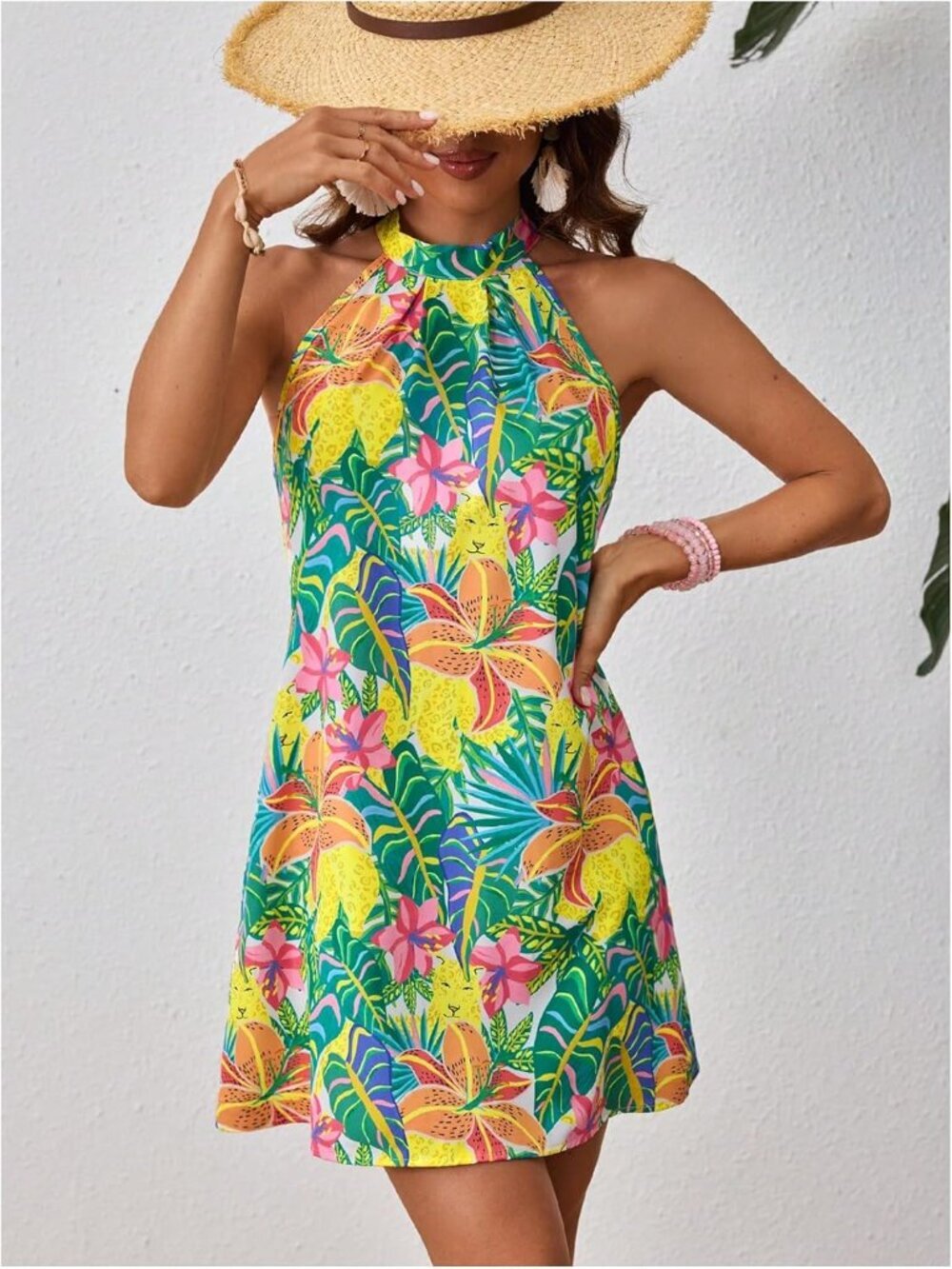 Women's Multi Floral Print Short Dress Sleeveless Halter Neck A Line Sundress - Picture 5 of 6